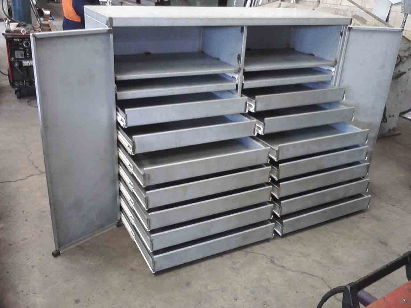 Custom fabricated steel storage cabinet with drawers
